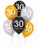 Black/Silver/Gold Birthday Latex Balloons (6pk) (Choose Age)