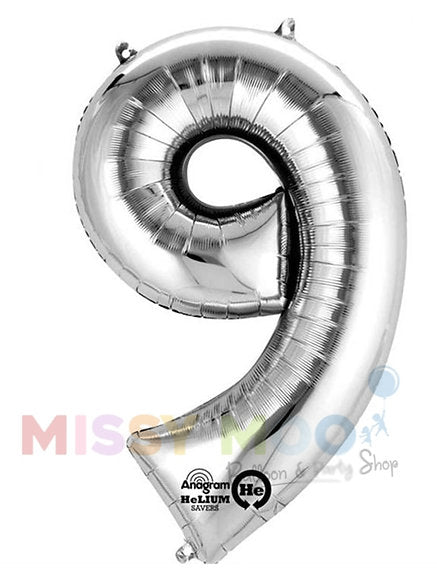 Helium Big Number Balloons in Silver 0-9